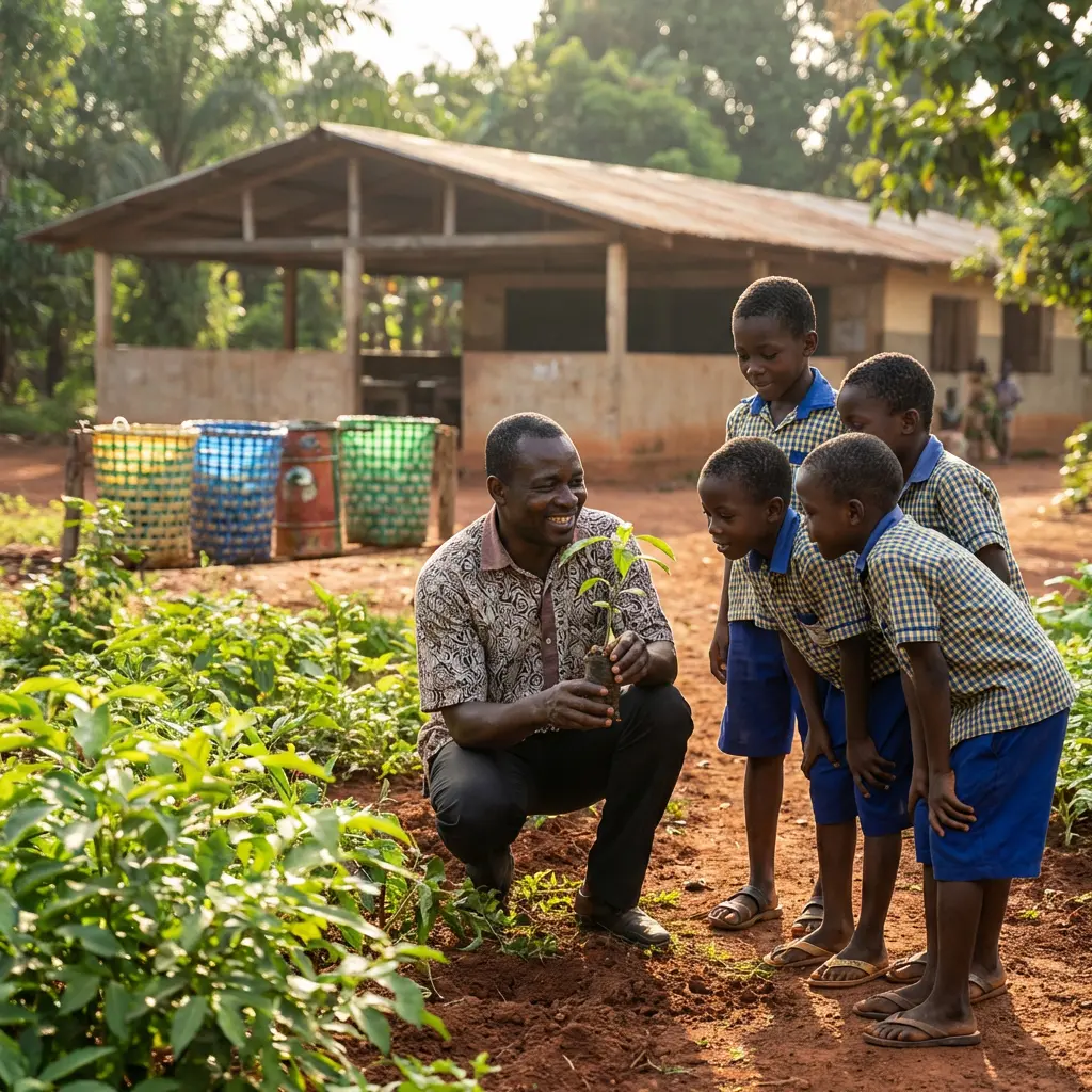 Children and an NCI volunteer examining a globe and plants, illustrating an interactive ecology lesson in Benin.